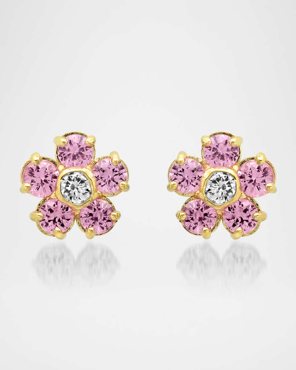 18K Yellow Gold Pink Sapphire and Diamond Flower Stud Earrings